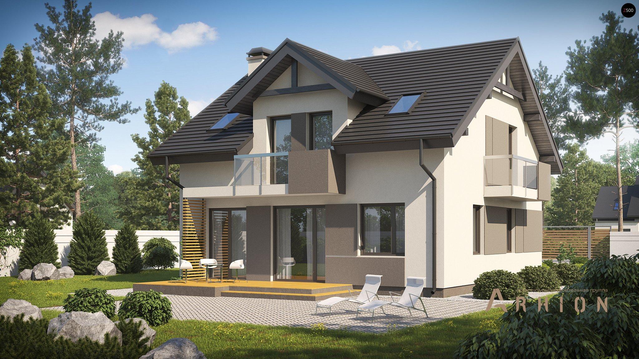 1. Проект одноэтажного дома в европейском стиле с двускатной кровлей, Z65 v2, площадью - 131 кв c мансардой, терассой, балконом, эркером